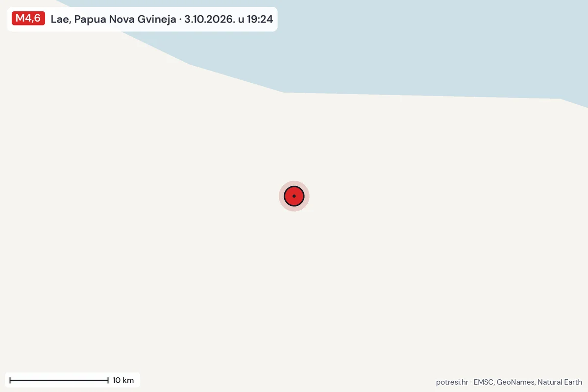 Karta: okolica epicentra, 60 km, potres M4,6, Lae, Papua Nova Gvineja, 3.10.2026.