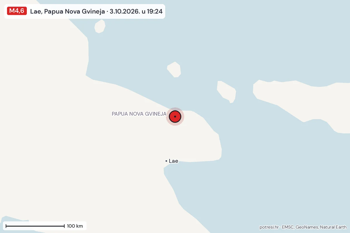 Karta: šire područje, 600 km, potres M4,6, Lae, Papua Nova Gvineja, 3.10.2026.
