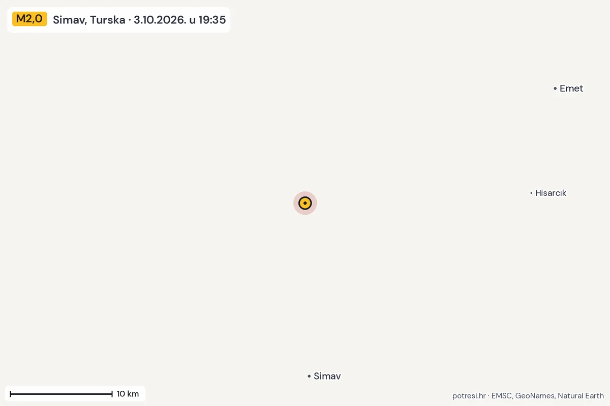 Karta: okolica epicentra, 60 km, potres M2,0, Simav, Turska, 3.10.2026.