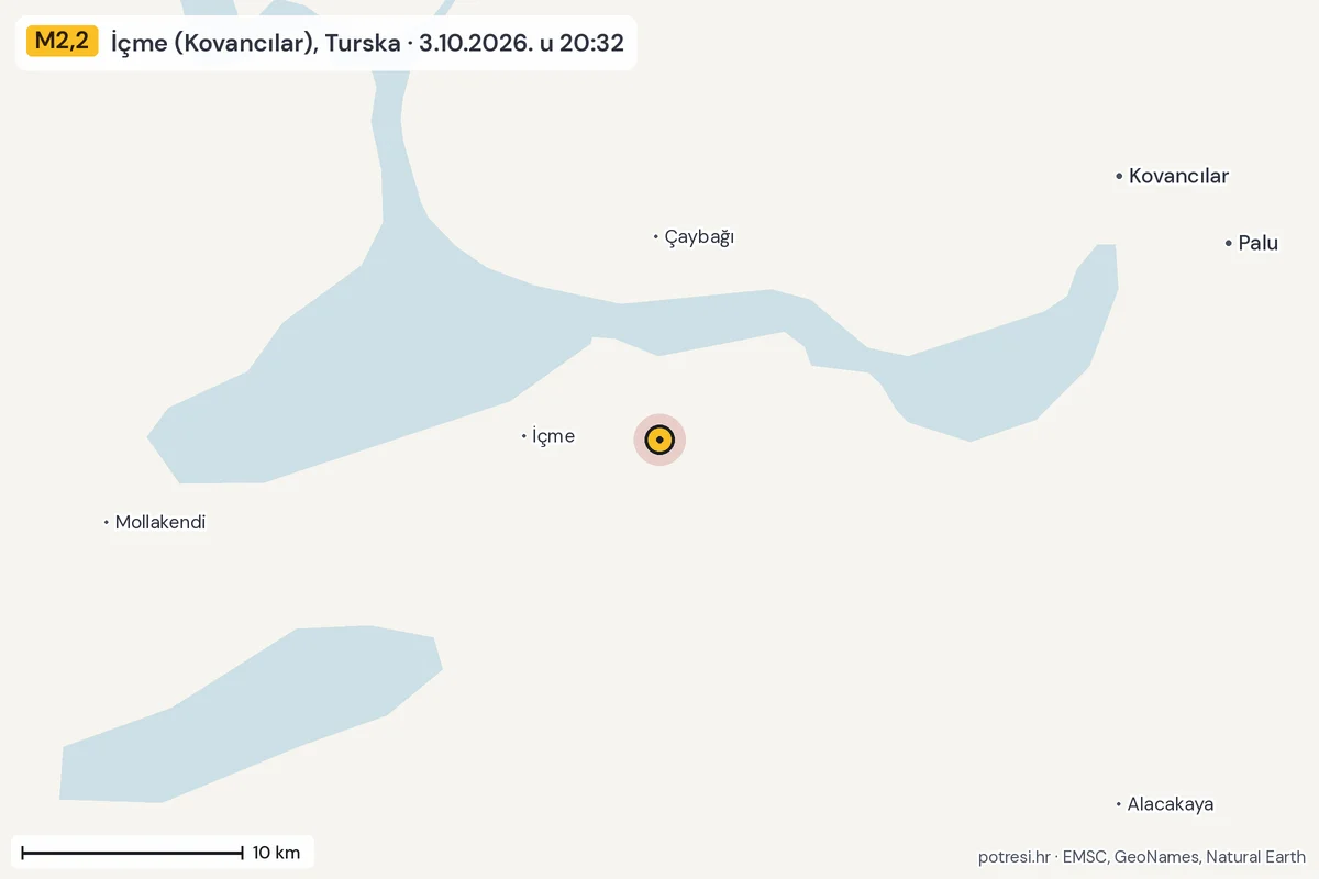 Karta: okolica epicentra, 60 km, potres M2,2, İçme (Kovancılar), Turska, 3.10.2026.