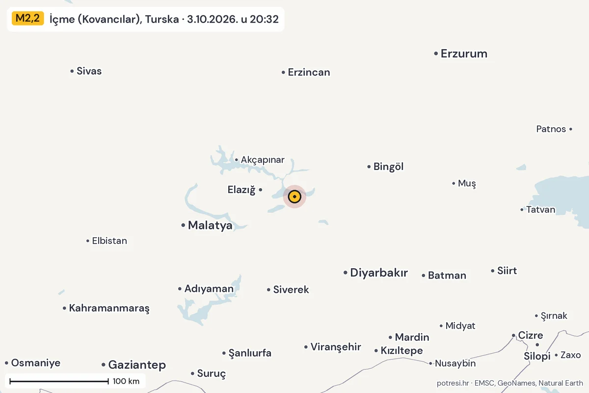 Karta: šire područje, 600 km, potres M2,2, İçme (Kovancılar), Turska, 3.10.2026.