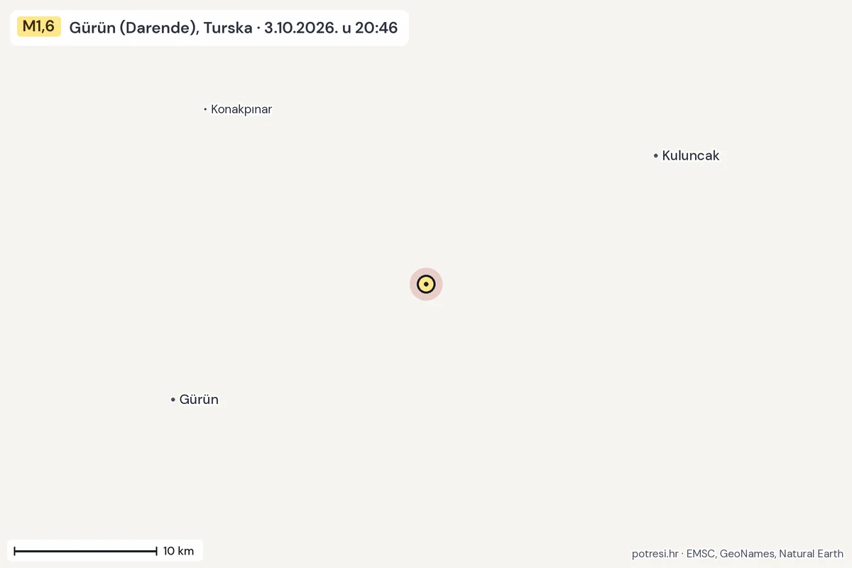 Karta: okolica epicentra, 60 km, potres M1,6, Gürün (Darende), Turska, 3.10.2026.