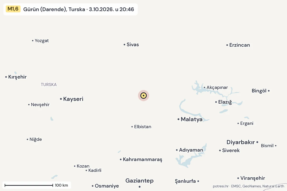 Karta: šire područje, 600 km, potres M1,6, Gürün (Darende), Turska, 3.10.2026.