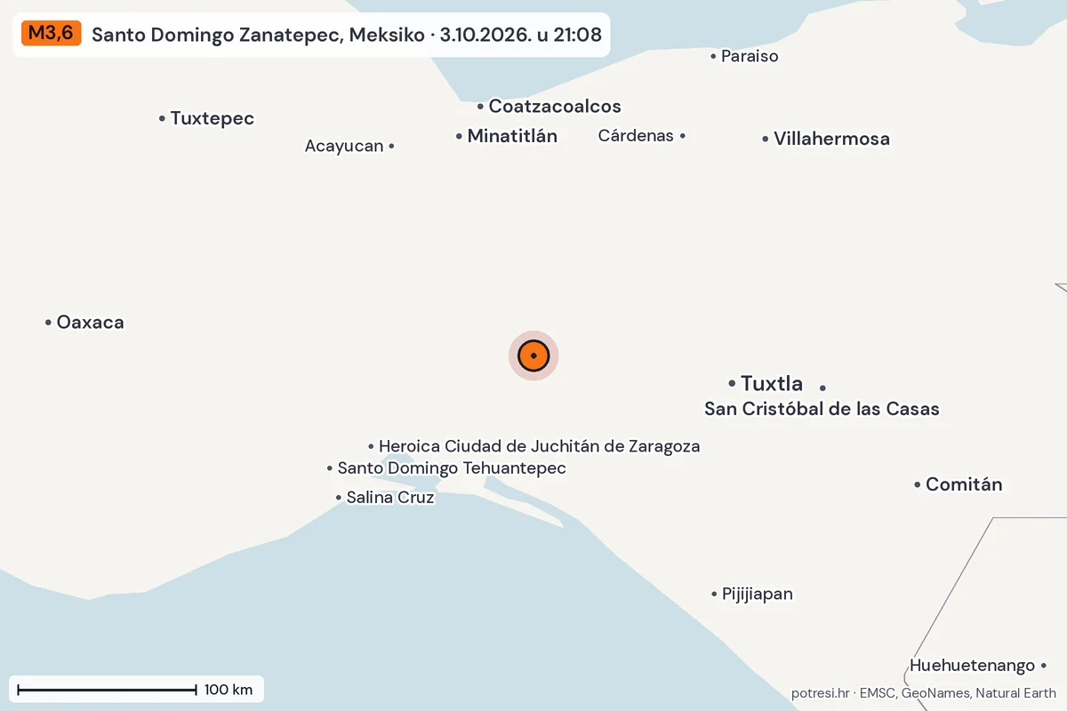 Karta: šire područje, 600 km, potres M3,6, Santo Domingo Zanatepec, Meksiko, 3.10.2026.