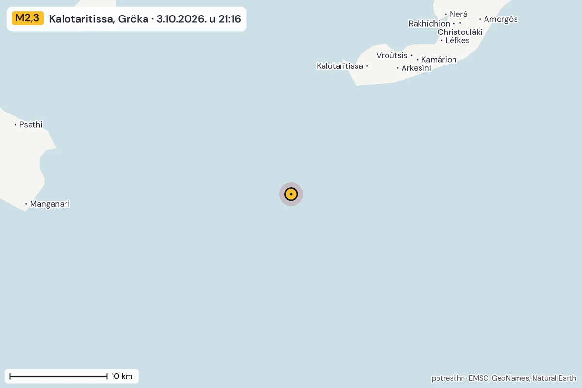 Karta: okolica epicentra, 60 km, potres M2,3, Kalotaritissa, Grčka, 3.10.2026.