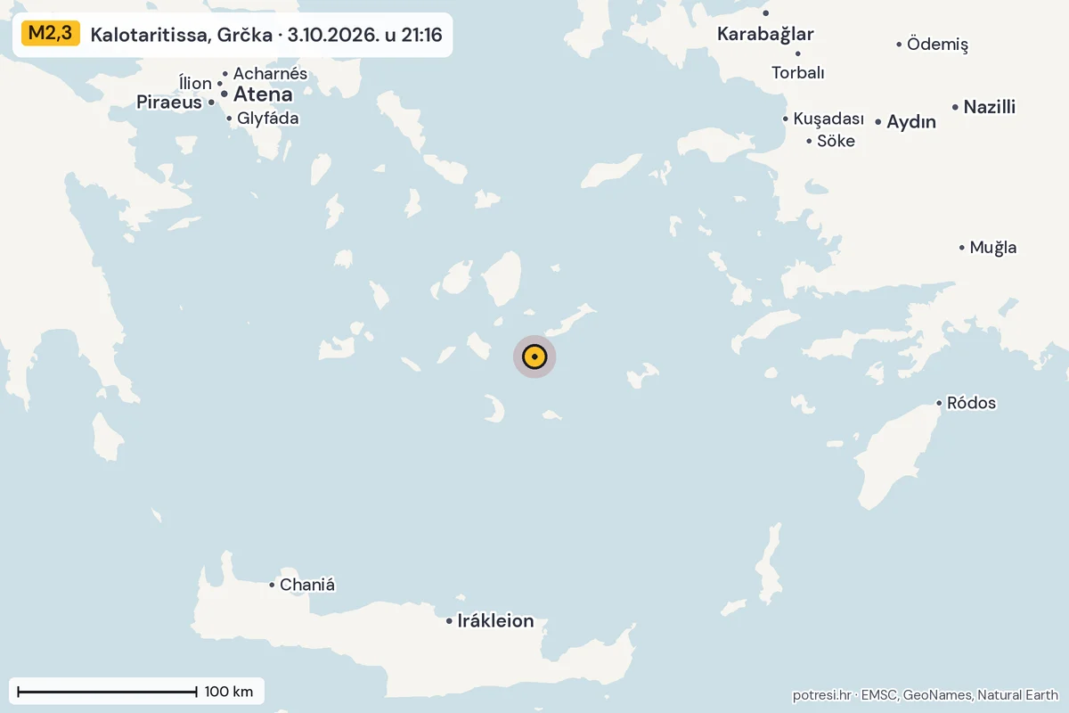 Karta: šire područje, 600 km, potres M2,3, Kalotaritissa, Grčka, 3.10.2026.