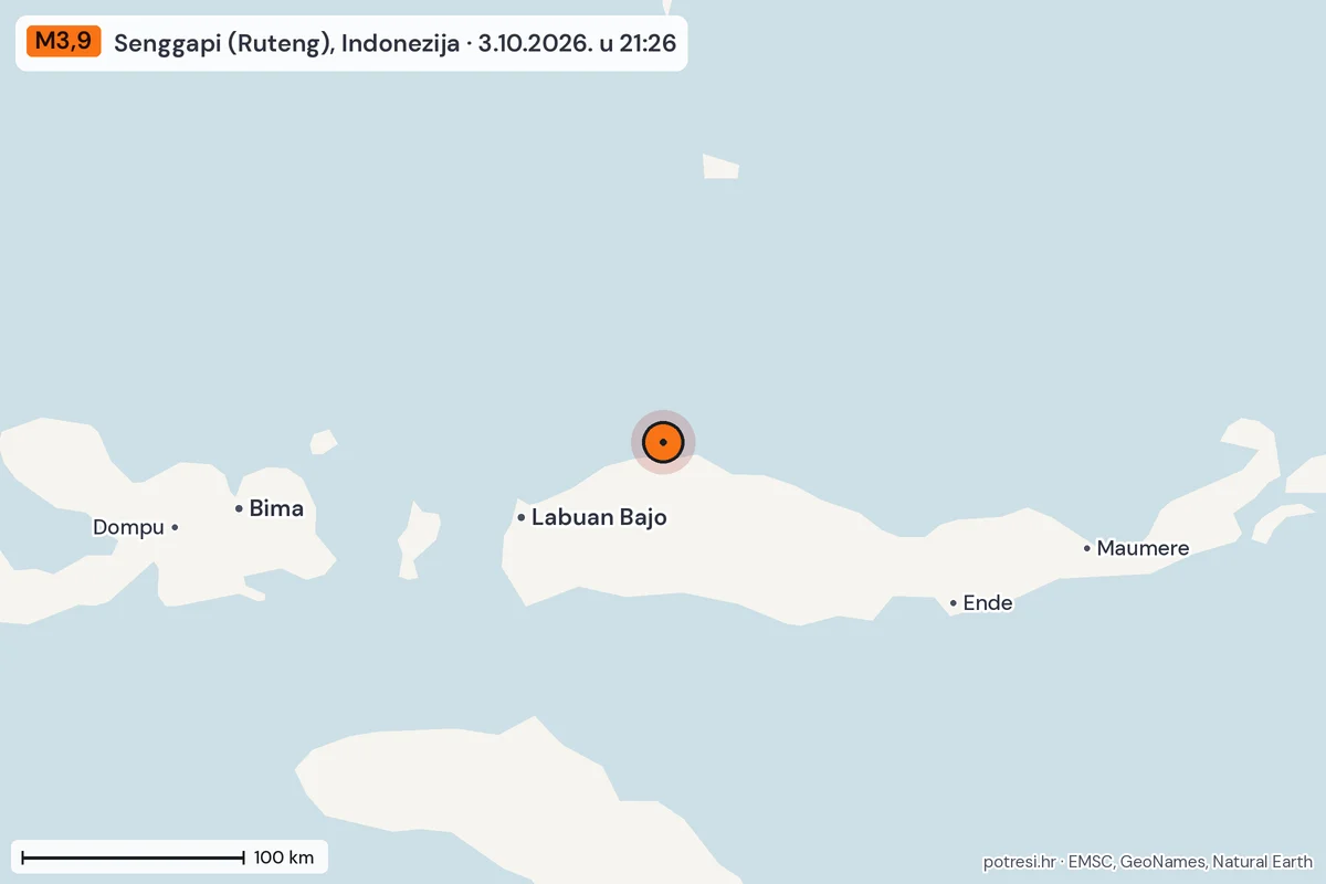 Karta: šire područje, 600 km, potres M3,9, Senggapi (Ruteng), Indonezija, 3.10.2026.