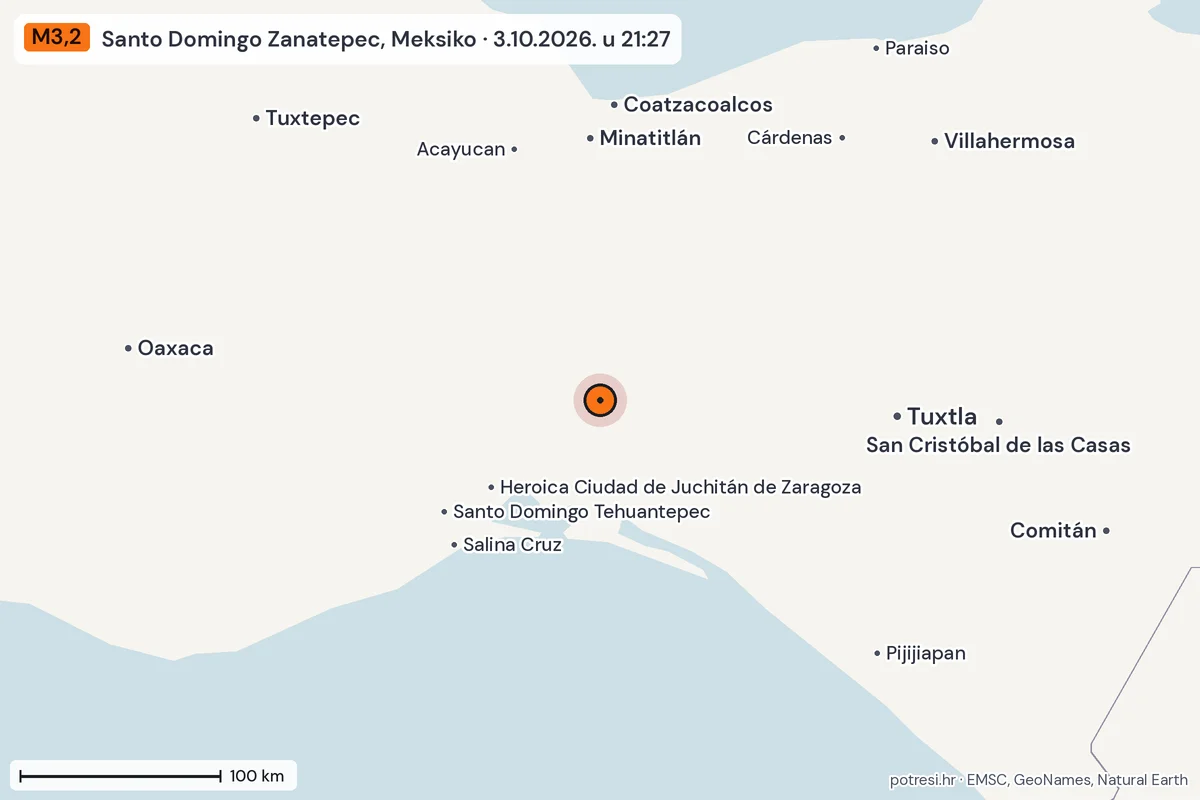 Karta: šire područje, 600 km, potres M3,2, Santo Domingo Zanatepec, Meksiko, 3.10.2026.