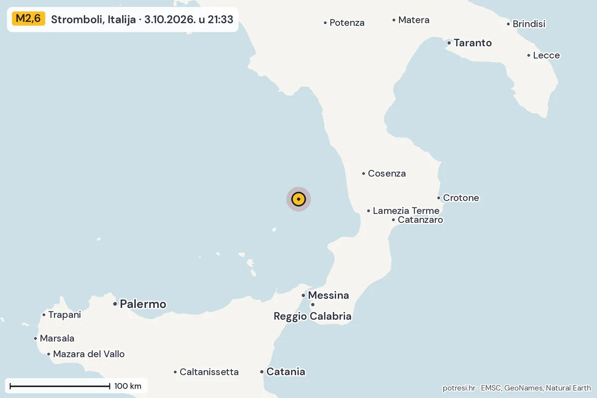 Karta: šire područje, 600 km, potres M2,6, Stromboli, Italija, 3.10.2026.
