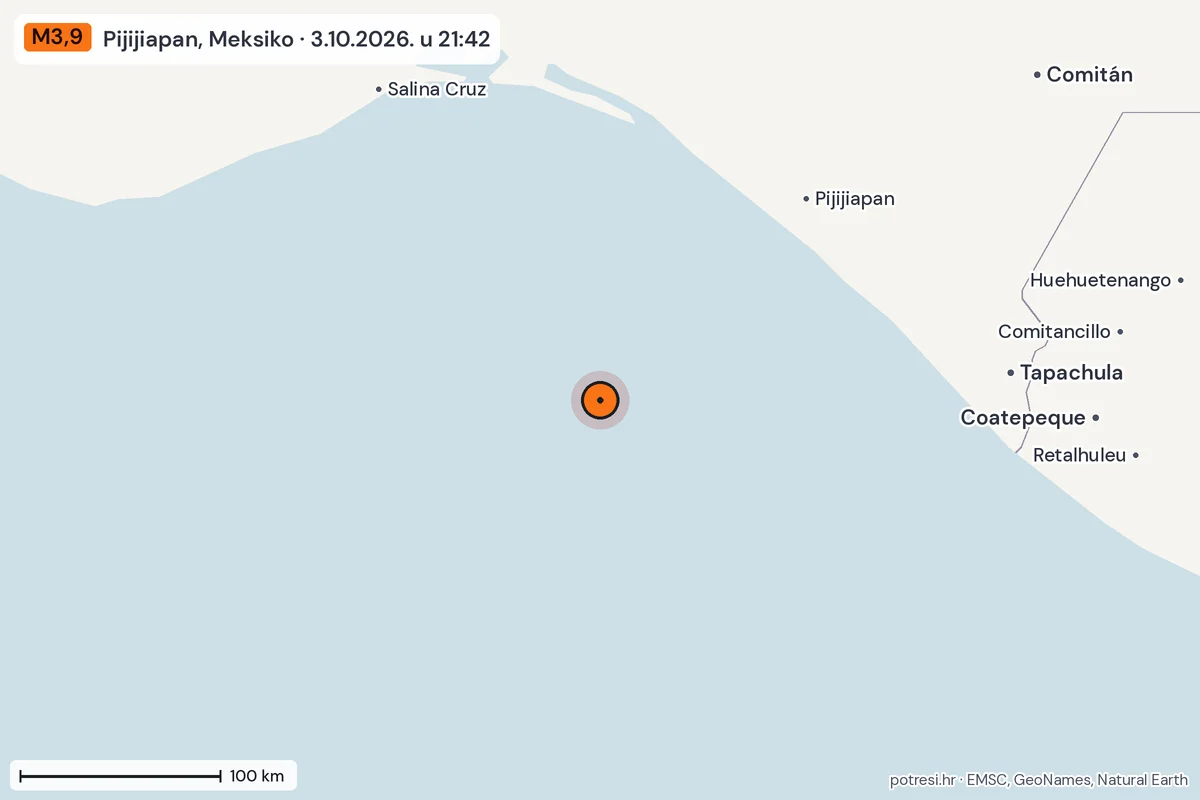 Karta: šire područje, 600 km, potres M3,9, Pijijiapan, Meksiko, 3.10.2026.