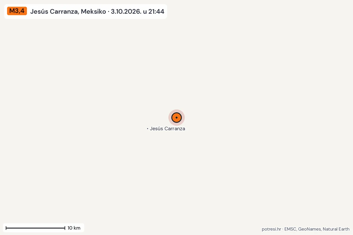 Karta: okolica epicentra, 60 km, potres M3,4, Jesús Carranza, Meksiko, 3.10.2026.