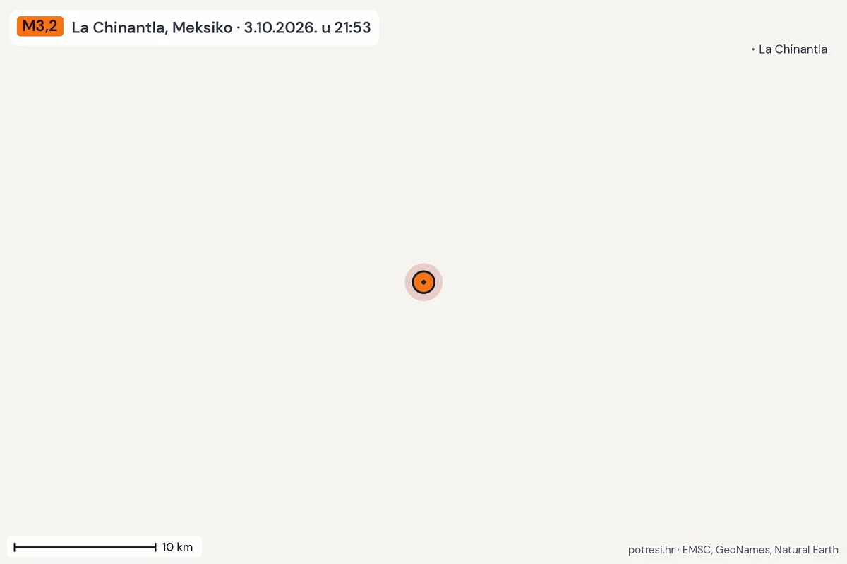 Karta: okolica epicentra, 60 km, potres M3,2, La Chinantla, Meksiko, 3.10.2026.