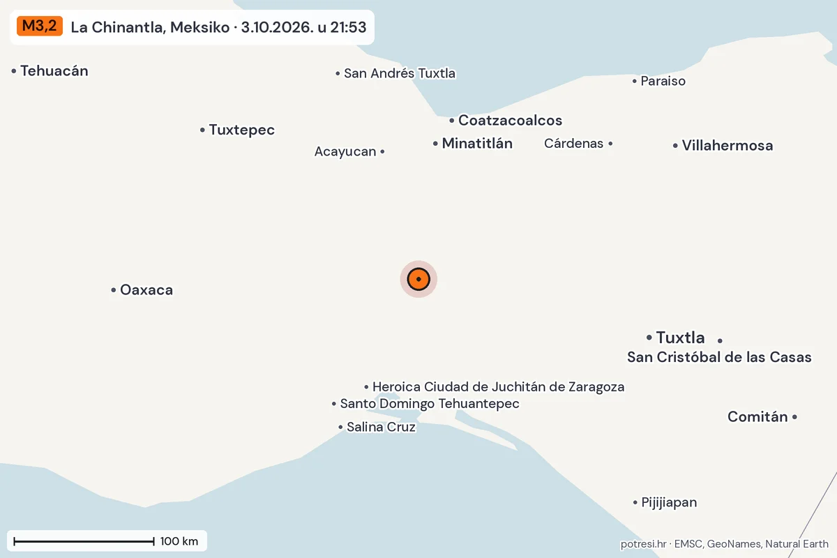 Karta: šire područje, 600 km, potres M3,2, La Chinantla, Meksiko, 3.10.2026.