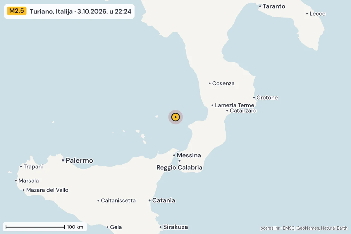 Karta: šire područje, 600 km, potres M2,5, Turiano, Italija, 3.10.2026.