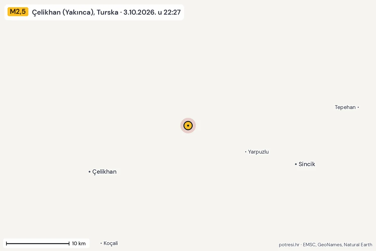 Karta: okolica epicentra, 60 km, potres M2,5, Çelikhan (Yakınca), Turska, 3.10.2026.
