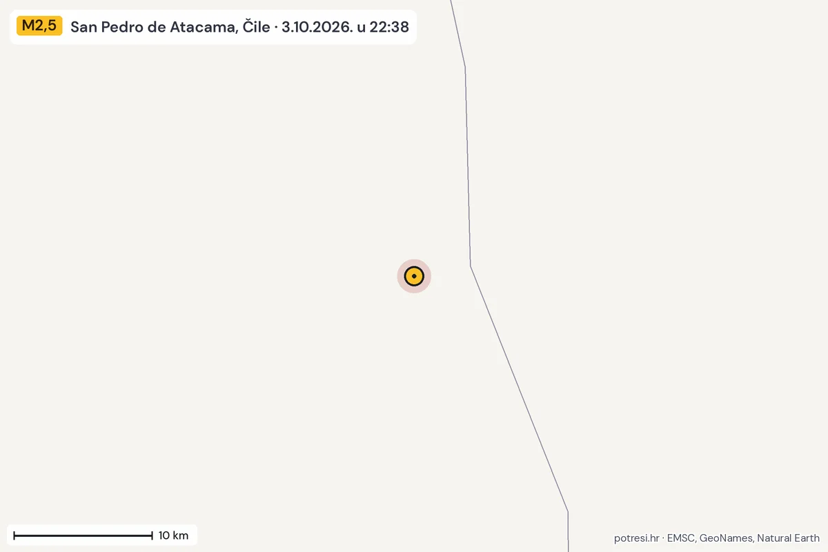 Karta: okolica epicentra, 60 km, potres M2,5, San Pedro de Atacama, Čile, 3.10.2026.