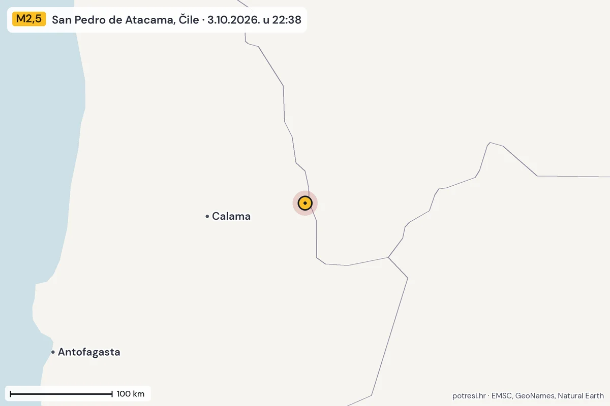 Karta: šire područje, 600 km, potres M2,5, San Pedro de Atacama, Čile, 3.10.2026.