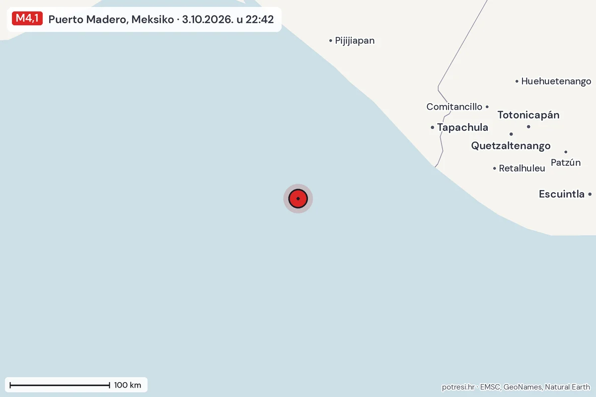 Karta: šire područje, 600 km, potres M4,1, Puerto Madero, Meksiko, 3.10.2026.