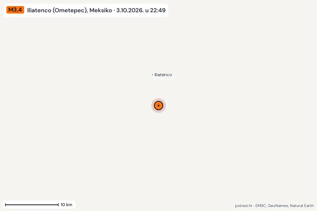 Karta: okolica epicentra, 60 km, potres M3,4, Iliatenco (Ometepec), Meksiko, 3.10.2026.
