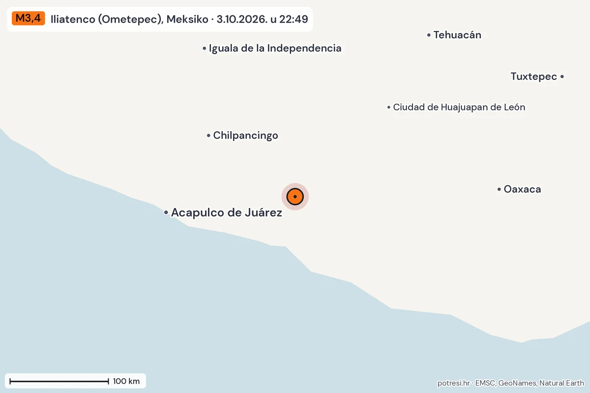 Karta: šire područje, 600 km, potres M3,4, Iliatenco (Ometepec), Meksiko, 3.10.2026.