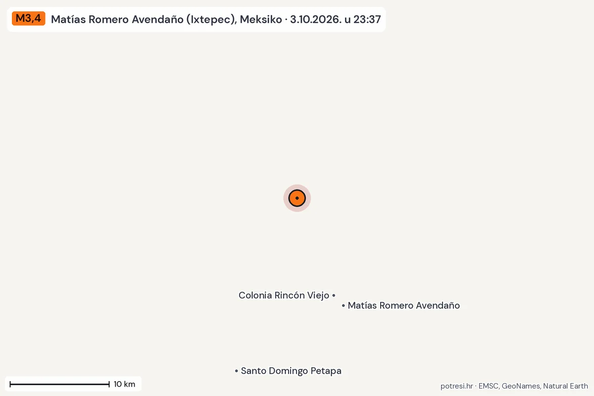 Karta: okolica epicentra, 60 km, potres M3,4, Matías Romero Avendaño (Ixtepec), Meksiko, 3.10.2026.