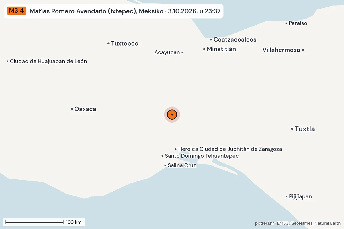 Karta: šire područje, 600 km, potres M3,4, Matías Romero Avendaño (Ixtepec), Meksiko, 3.10.2026.