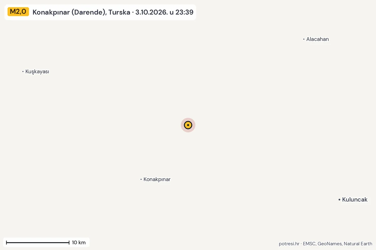 Karta: okolica epicentra, 60 km, potres M2,0, Konakpınar (Darende), Turska, 3.10.2026.