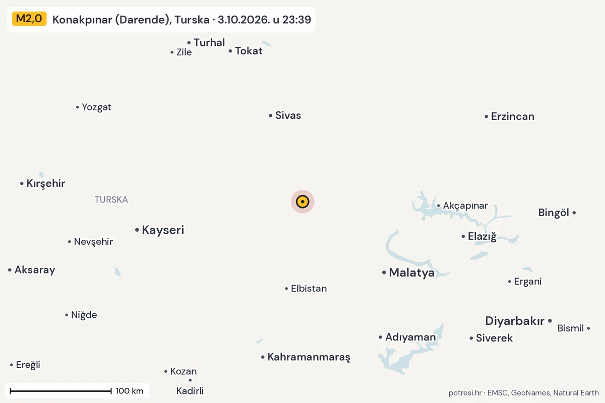 Karta: šire područje, 600 km, potres M2,0, Konakpınar (Darende), Turska, 3.10.2026.