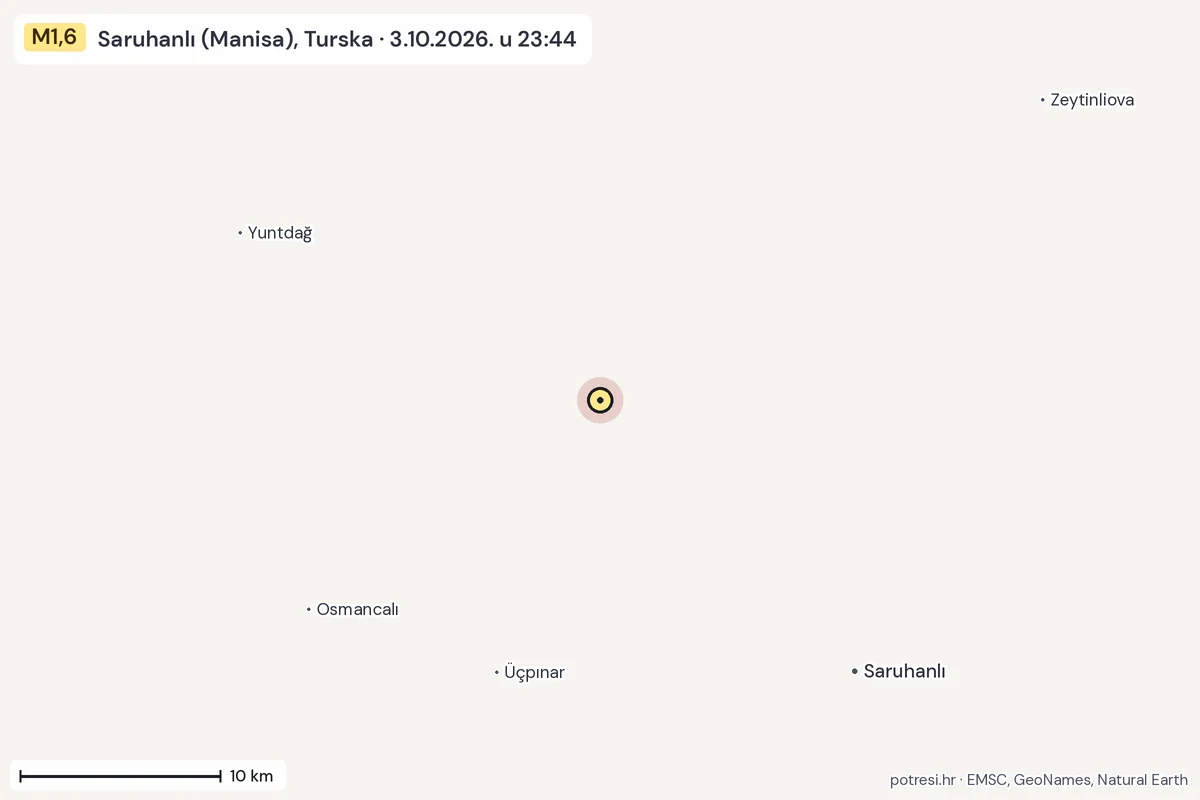 Karta: okolica epicentra, 60 km, potres M1,6, Saruhanlı (Manisa), Turska, 3.10.2026.