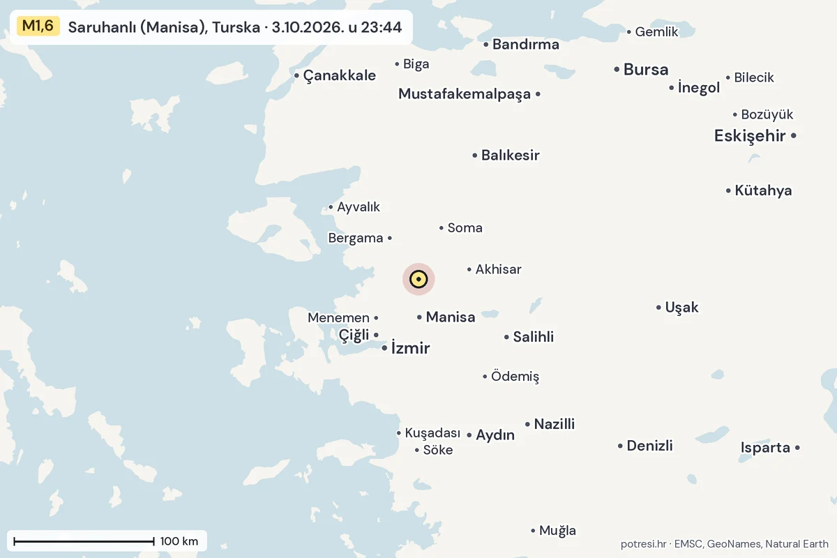 Karta: šire područje, 600 km, potres M1,6, Saruhanlı (Manisa), Turska, 3.10.2026.