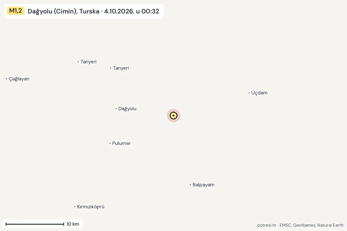 Karta: okolica epicentra, 60 km, potres M1,2, Dağyolu (Cimin), Turska, 4.10.2026.