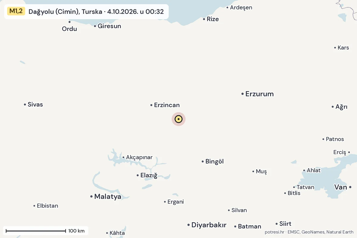 Karta: šire područje, 600 km, potres M1,2, Dağyolu (Cimin), Turska, 4.10.2026.