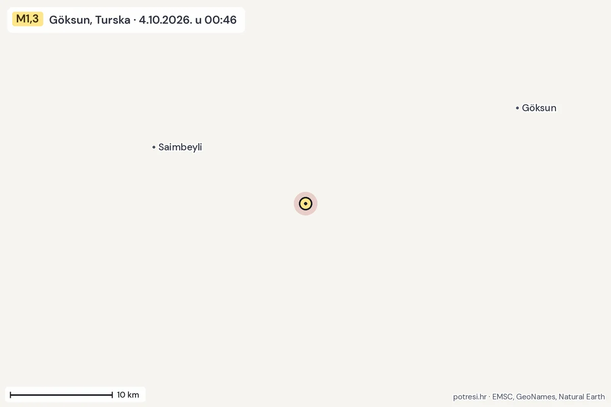 Karta: okolica epicentra, 60 km, potres M1,3, Göksun, Turska, 4.10.2026.
