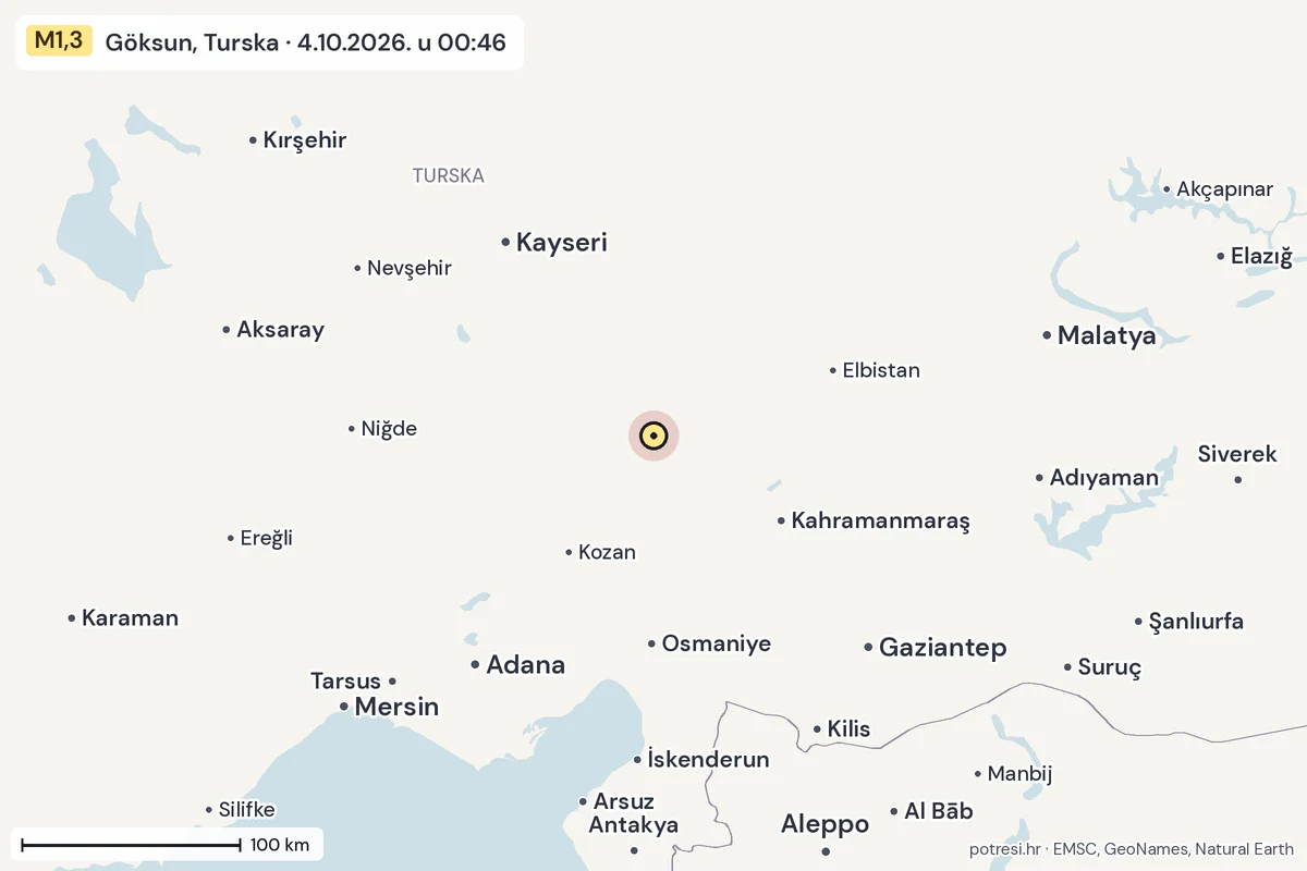 Karta: šire područje, 600 km, potres M1,3, Göksun, Turska, 4.10.2026.