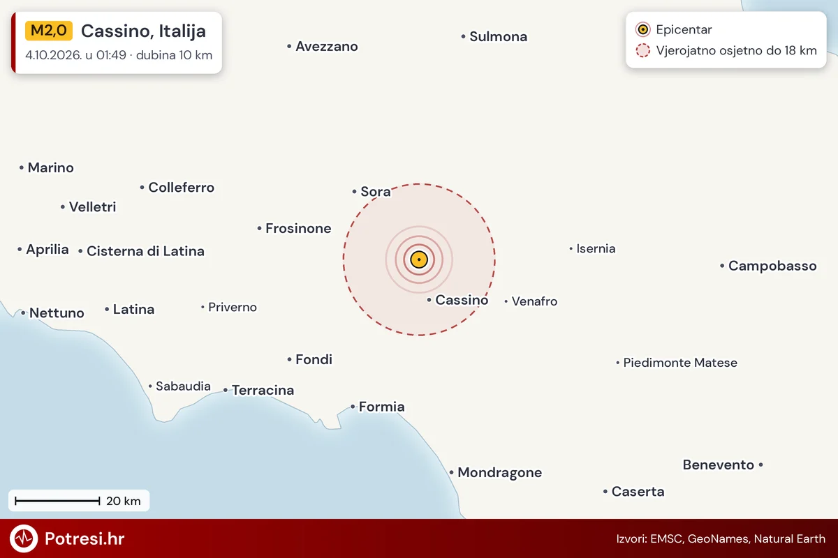 Karta: šire područje i vjerojatni doseg osjeta, potres M2,0, Cassino, Italija, 4.10.2026.
