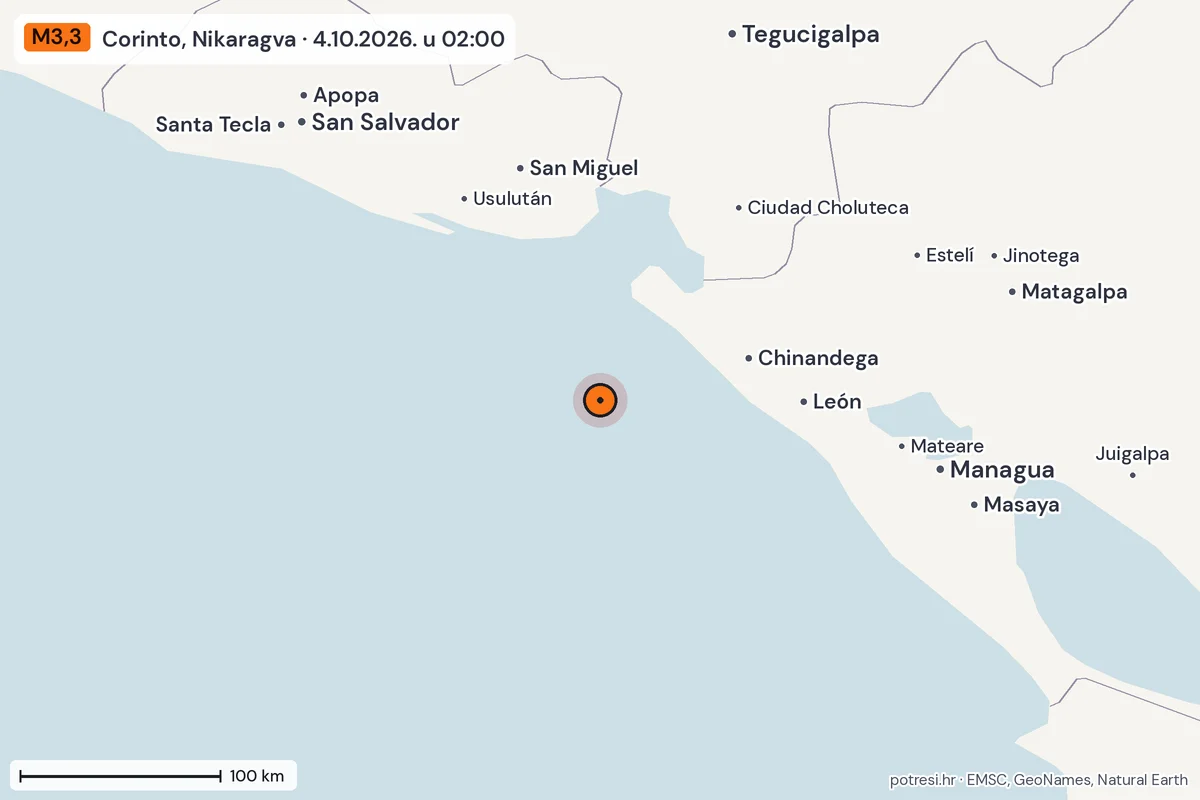 Karta: šire područje, 600 km, potres M3,3, Corinto, Nikaragva, 4.10.2026.