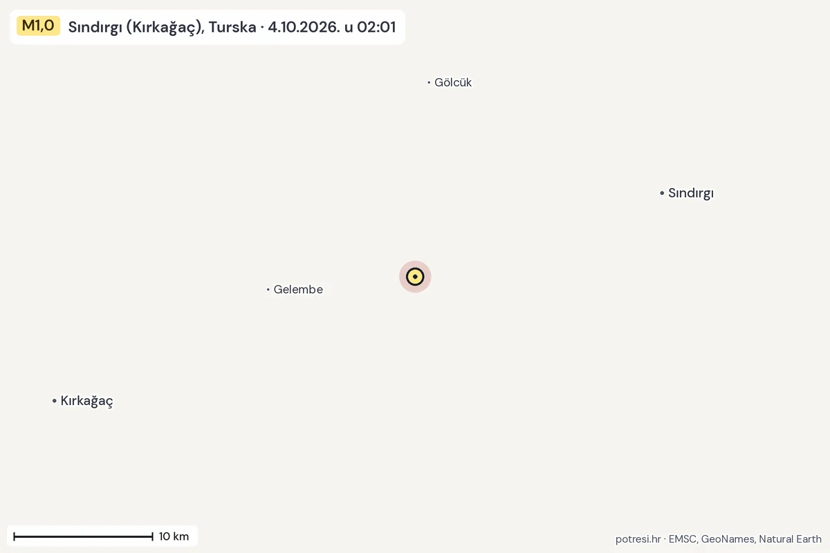 Karta: okolica epicentra, 60 km, potres M1,0, Sındırgı (Kırkağaç), Turska, 4.10.2026.