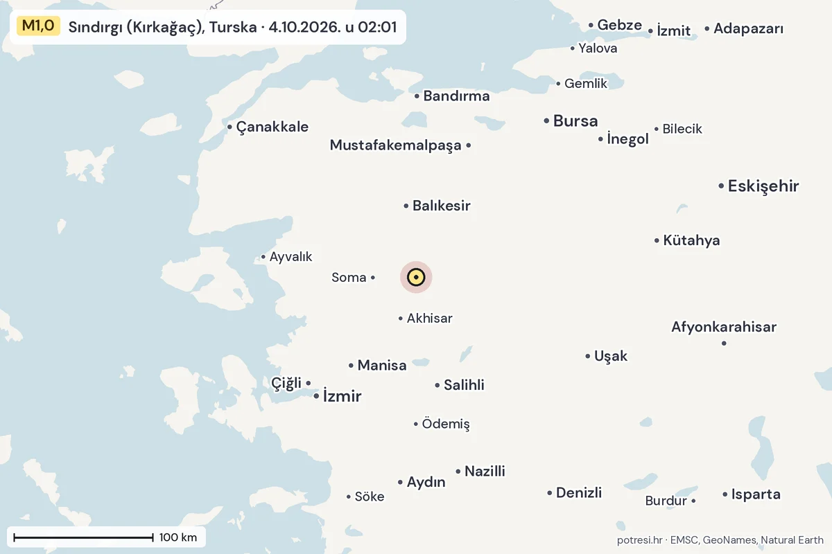 Karta: šire područje, 600 km, potres M1,0, Sındırgı (Kırkağaç), Turska, 4.10.2026.