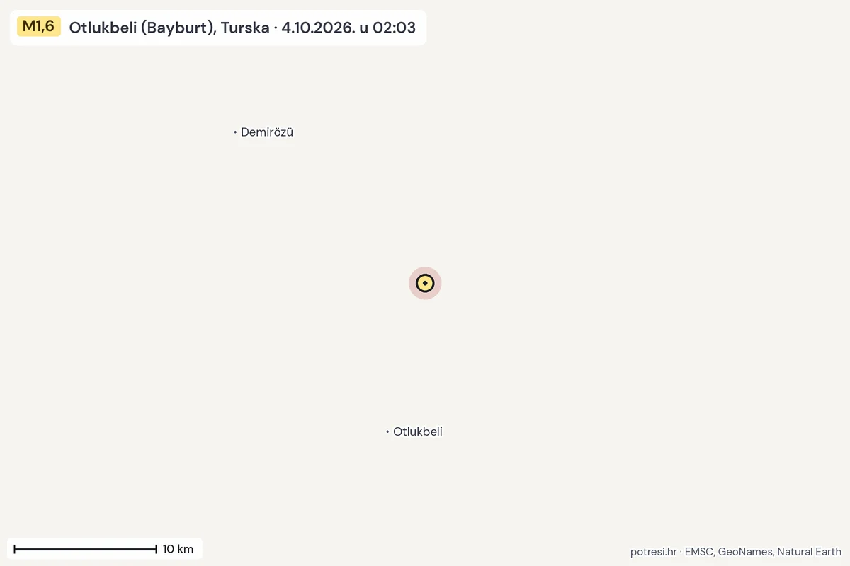 Karta: okolica epicentra, 60 km, potres M1,6, Otlukbeli (Bayburt), Turska, 4.10.2026.