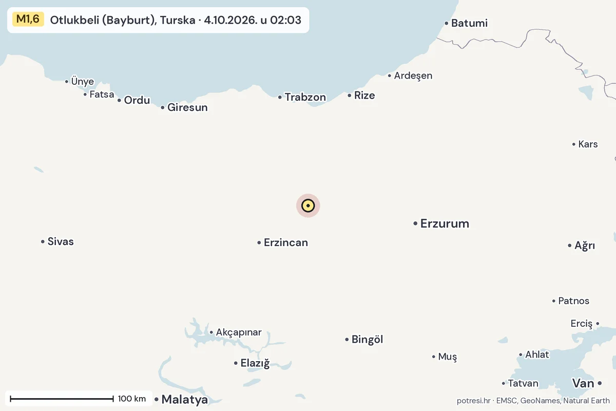 Karta: šire područje, 600 km, potres M1,6, Otlukbeli (Bayburt), Turska, 4.10.2026.