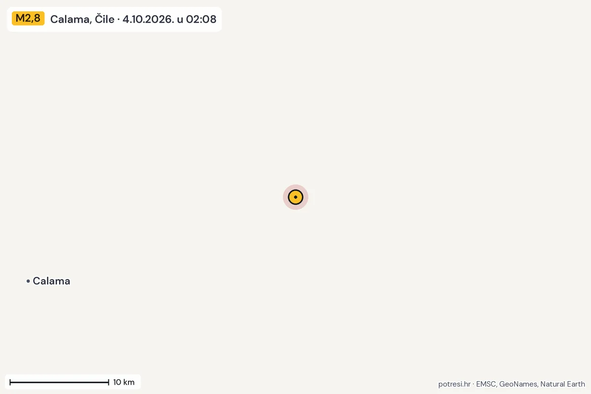 Karta: okolica epicentra, 60 km, potres M2,8, Calama, Čile, 4.10.2026.