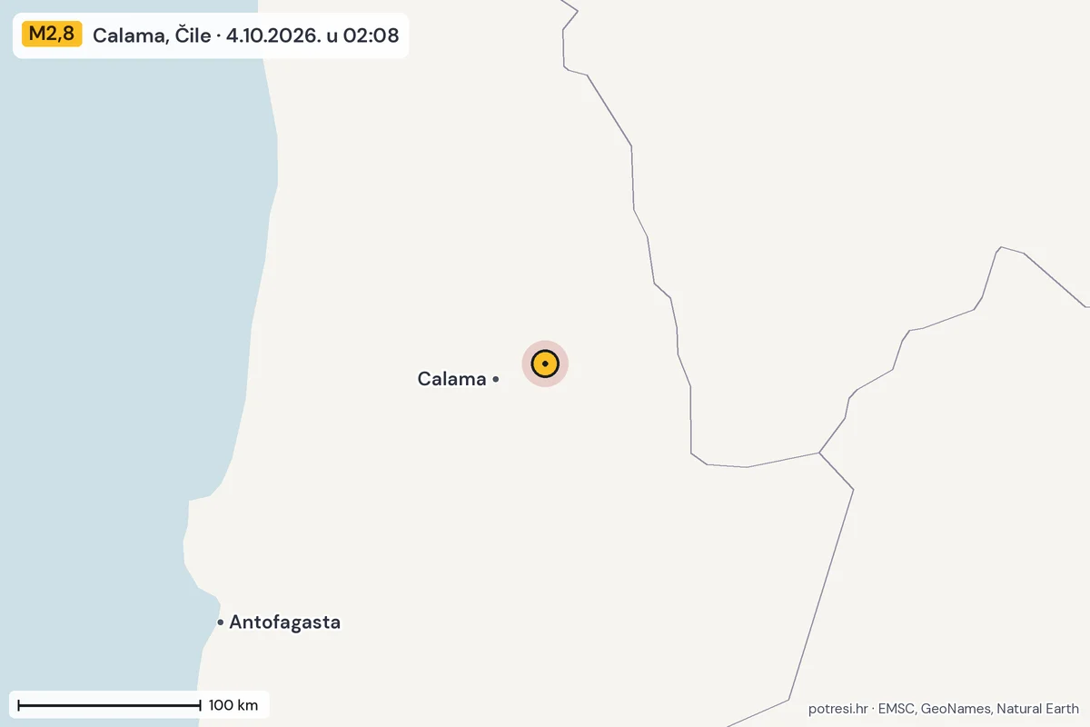 Karta: šire područje, 600 km, potres M2,8, Calama, Čile, 4.10.2026.