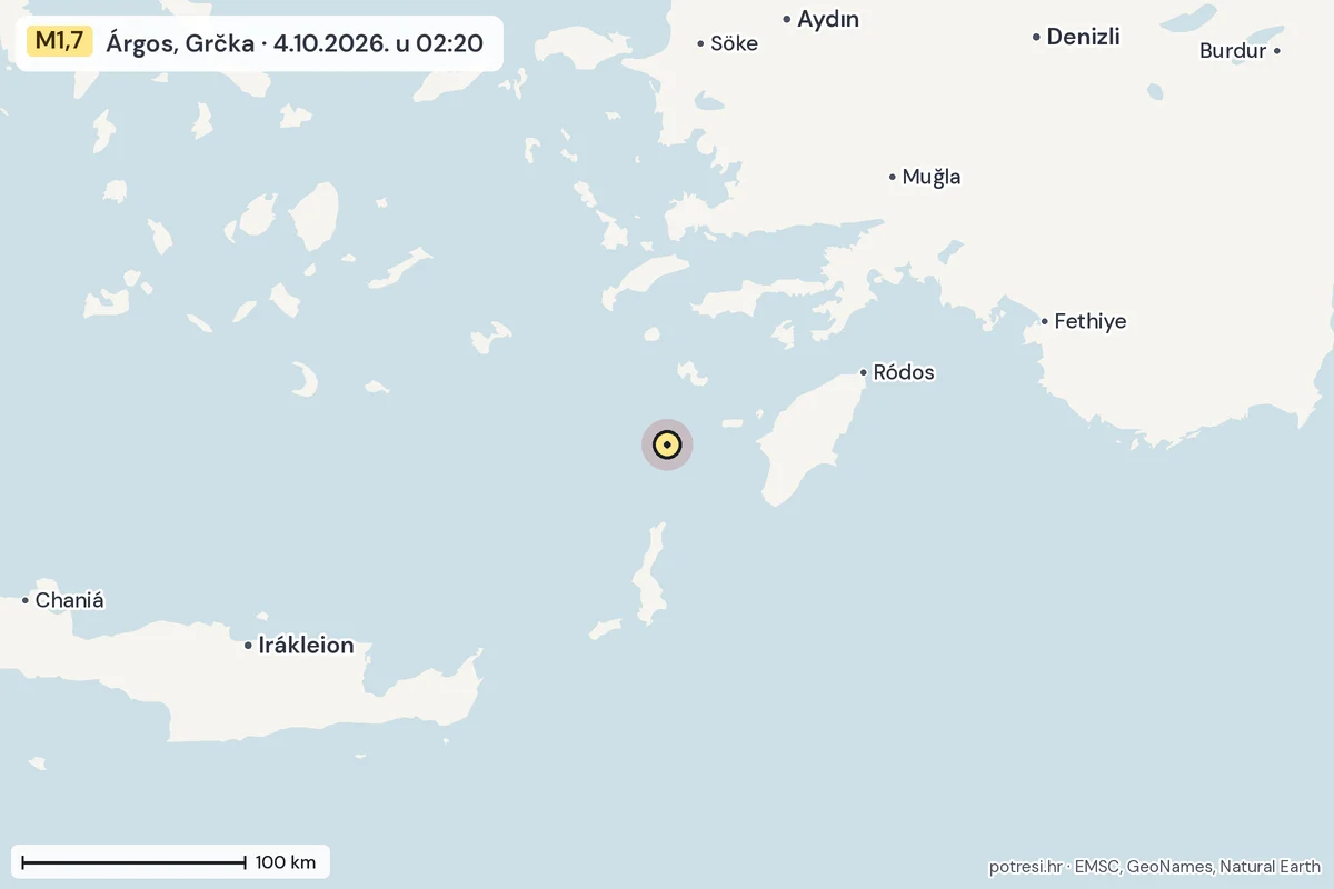 Karta: šire područje, 600 km, potres M1,7, Árgos, Grčka, 4.10.2026.