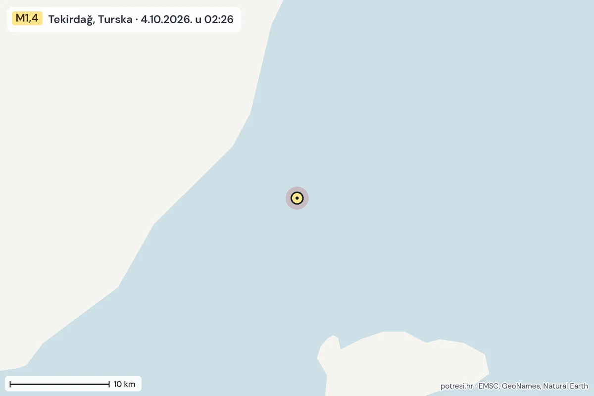 Karta: okolica epicentra, 60 km, potres M1,4, Tekirdağ, Turska, 4.10.2026.