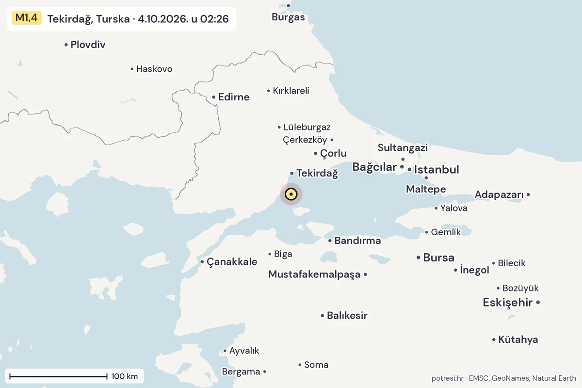 Karta: šire područje, 600 km, potres M1,4, Tekirdağ, Turska, 4.10.2026.