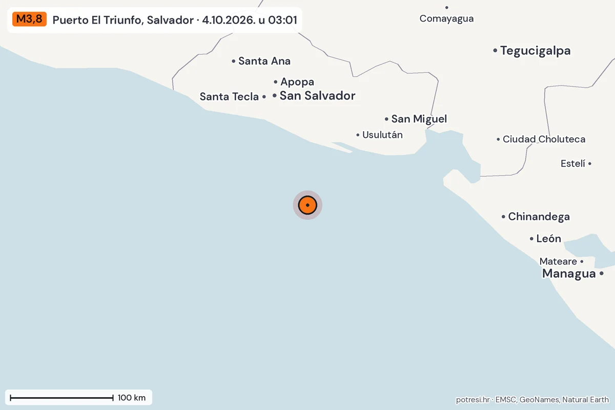 Karta: šire područje, 600 km, potres M3,8, Puerto El Triunfo, Salvador, 4.10.2026.