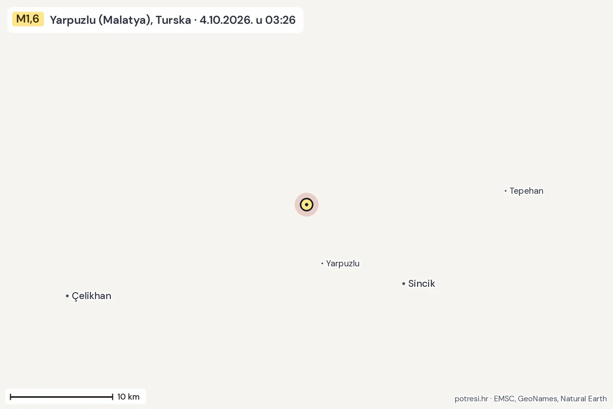 Karta: okolica epicentra, 60 km, potres M1,6, Yarpuzlu (Malatya), Turska, 4.10.2026.