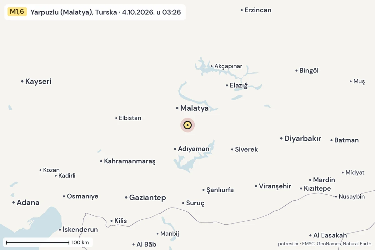 Karta: šire područje, 600 km, potres M1,6, Yarpuzlu (Malatya), Turska, 4.10.2026.