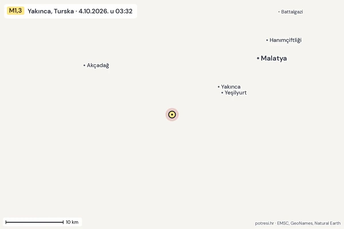 Karta: okolica epicentra, 60 km, potres M1,3, Yakınca, Turska, 4.10.2026.