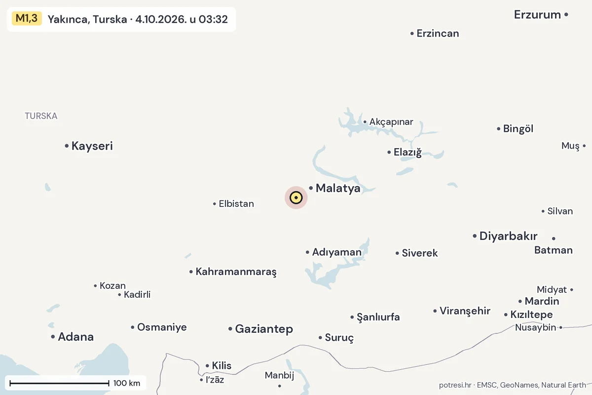 Karta: šire područje, 600 km, potres M1,3, Yakınca, Turska, 4.10.2026.